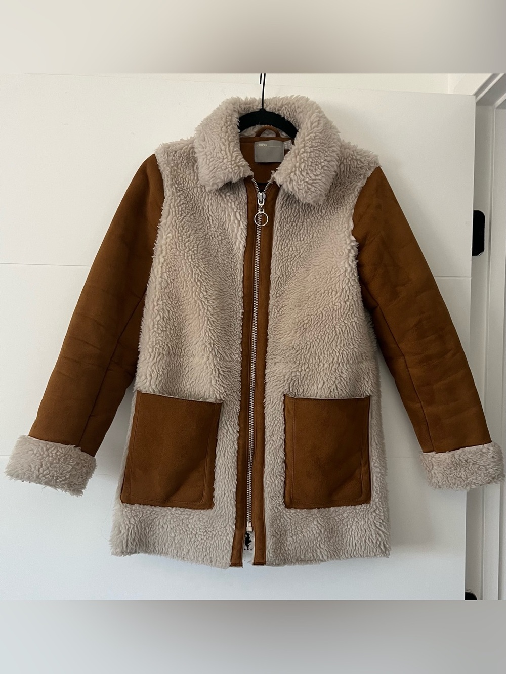 ASOS Cream Sherpa Jacket with Brown Suede Accents
